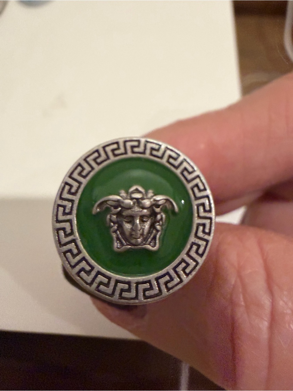 Versace Green Enamel Medusa ring with Silver Greek key  Border size 6-7.5